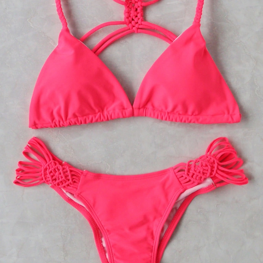Neon Red Pink Macrame Triangle Bikini Set - Picture 5 of 7